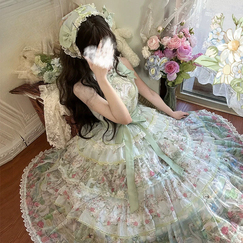 Elegant Vintage Floral Lolita JSK with Ruffled Details and Adjustable Waist Ties