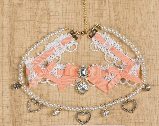 Edgy Punk Style Elaborate Double-Layer Necklace with Pearls and Gemstone Choker Lolita Collarbone Chain