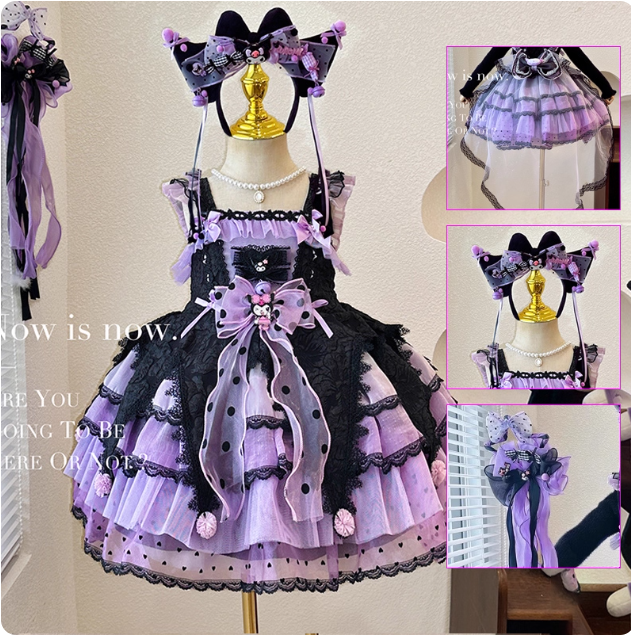 Elegant Black and Purple Lolita Dress for Girls - Intricate Lace and Ruffled Skirt - Perfect for Tea Parties and Special Occasions