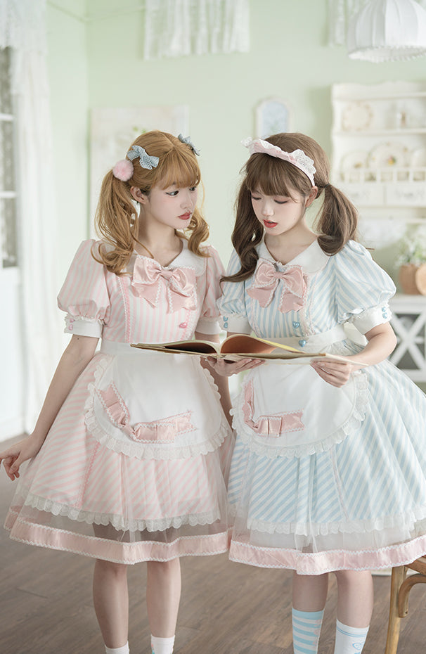 Lemonade Striped Puff-Sleeve Sweet Lolita Dress with Pink Bowknot & Lace Apron