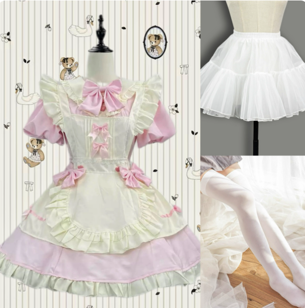 Elegant Black and White Lolita Maid Dress with Ruffled Skirt and Delicate Bows