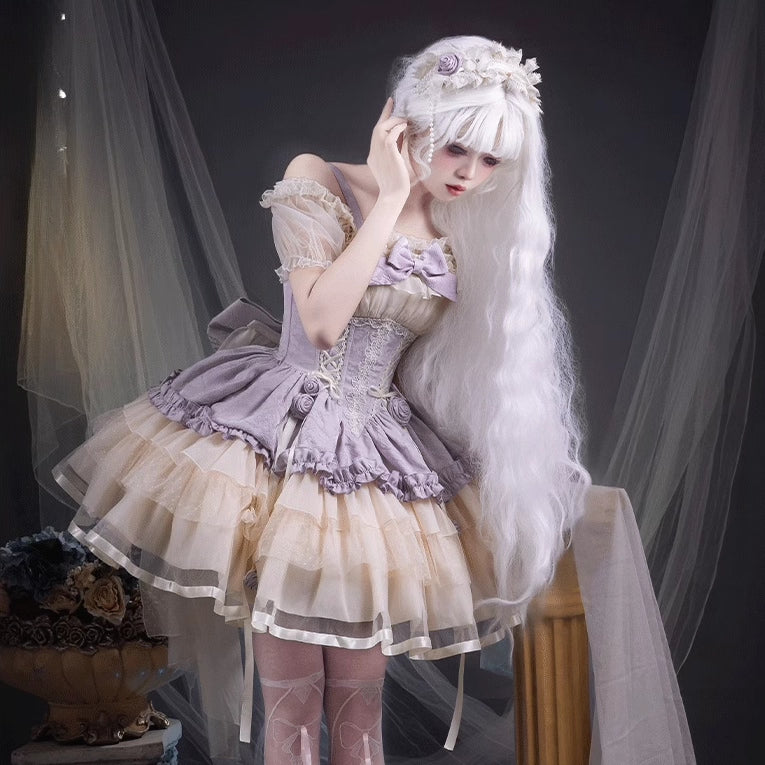 Sweet Lolita Off - the - Shoulder Dress with Tulle Skirt and Ribbon Details