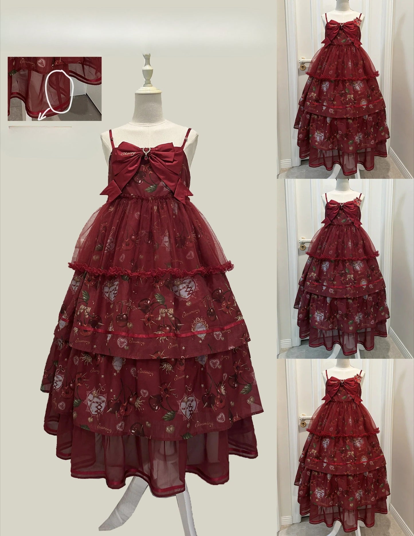 S-2XL Cherry Blossom Delight Lolita Dress – Sweet Vintage Print JSK/OP in Black, Red, Gray & White