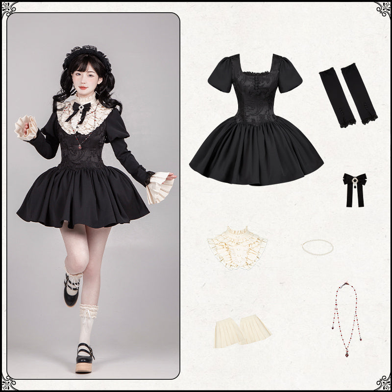 Black & Cream Whimsical Lolita Dress – Adjustable Bows, Embroidered Apron & Multi-Tiered Lace Skirt