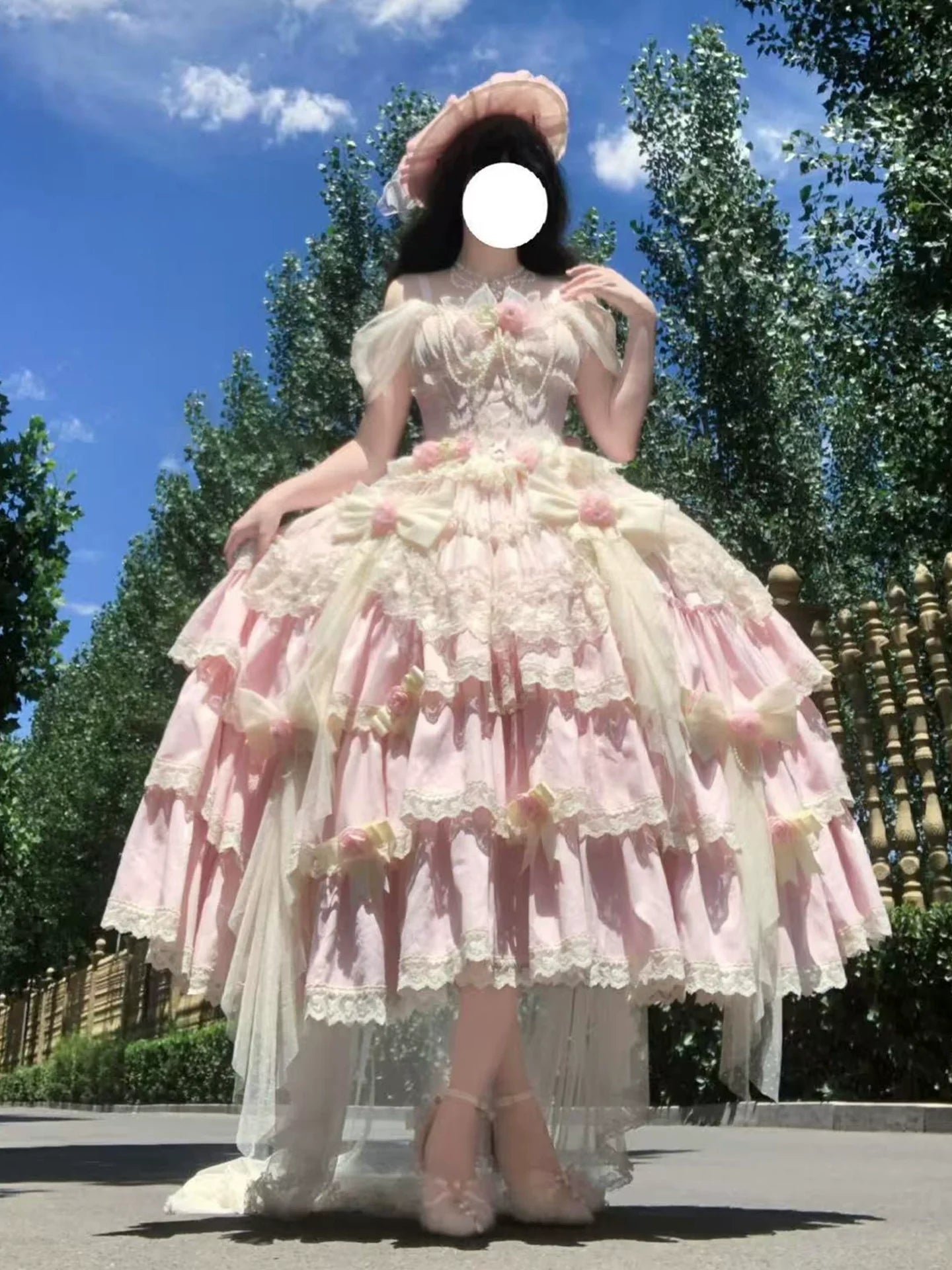 Pink Lolita Maxi Dress with Delicate Lace and Flower Embellishments, Ideal for Tea - Party Occasions