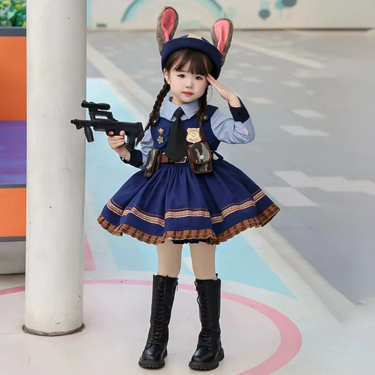 Rabbit Police Officer Lolita Dress for Girls - Navy Blue Whimsical Princess Costume
