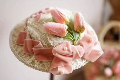 Elegant Pink and White Lace Lolita Dress with Puffed Sleeves and Ruffled Skirt