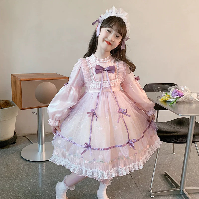 Charming Pastel Pink Lolita Dress with Purple Accents for Girls - Spring and Autumn Collection