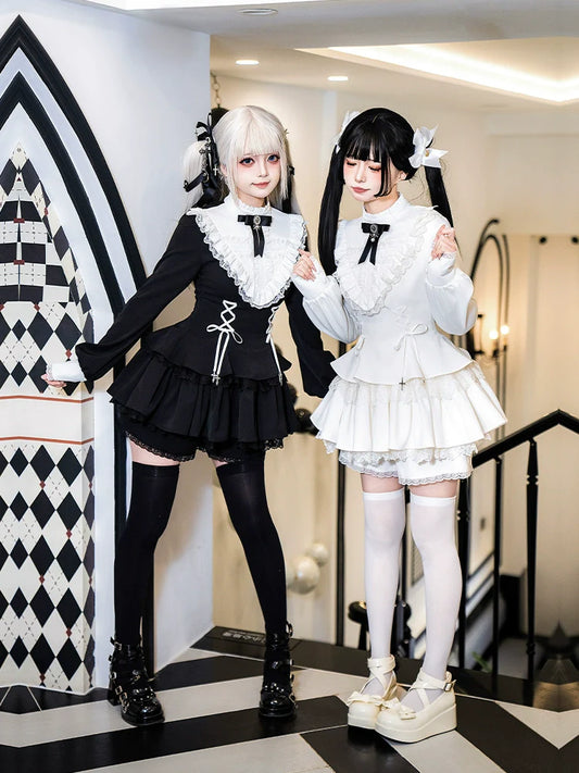 Gothic Lolita Dress with White Lace Collar, Long Sleeves and Lace - up Details