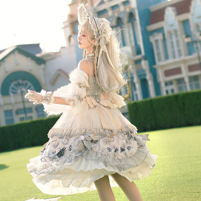Ethereal Cream Floral Lolita Dress with Puffed Sleeves and Multi-Tiered Skirt