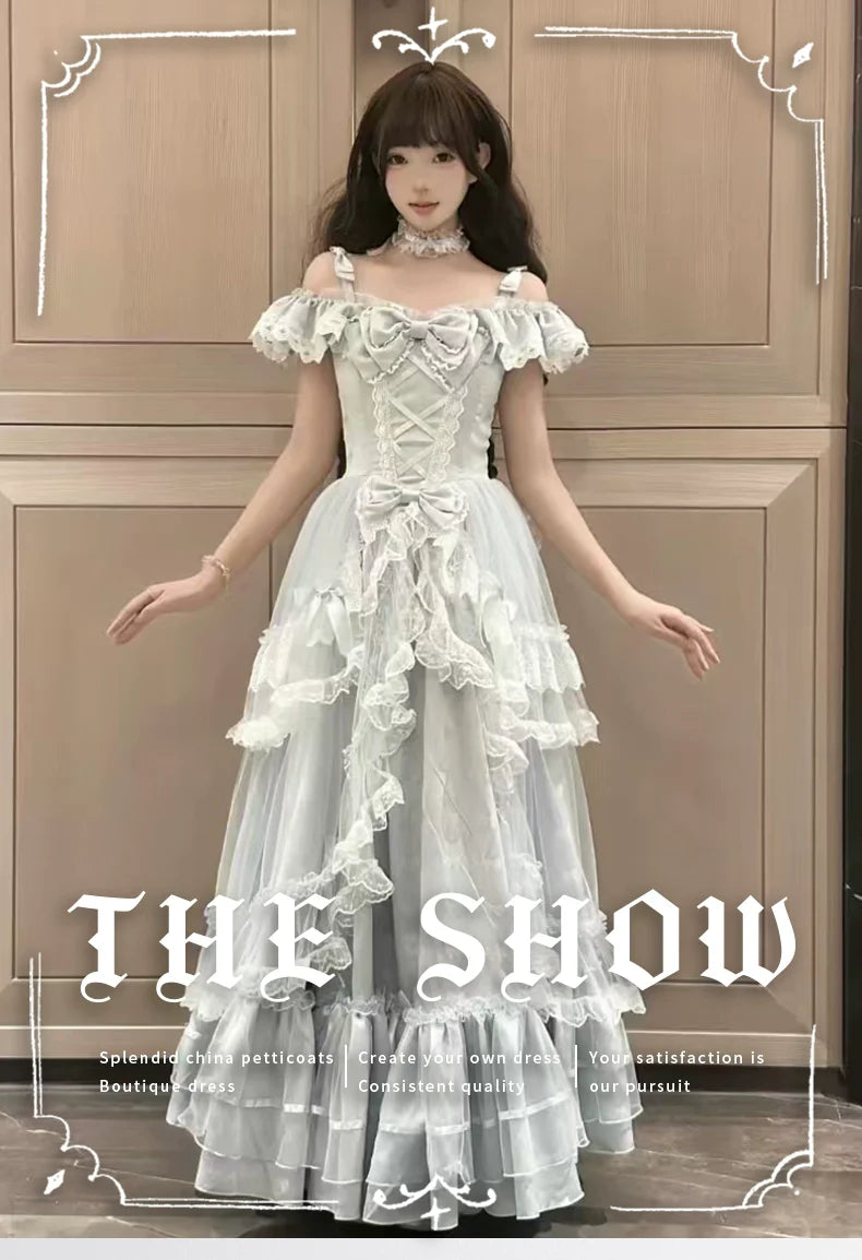 Off - the - shoulder Lolita Gown with Intricate Lace and Multiple Tiers of Ruffles