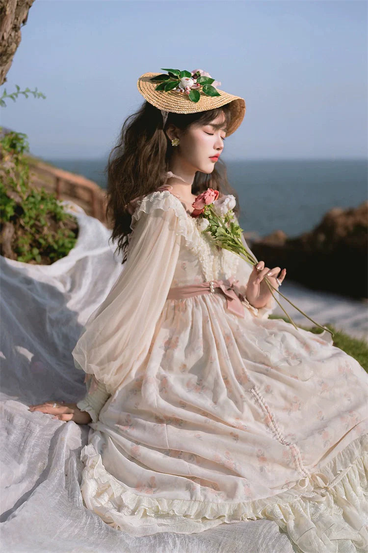 Elegant Cream Lolita Dress with Floral Embroidery and Ruffled Skirt - Perfect for Tea Parties and Special Occasions