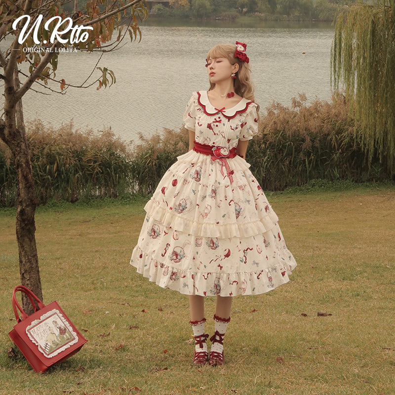 Vintage Whimsy Lolita OP - Cream Floral Pattern with Red Accents