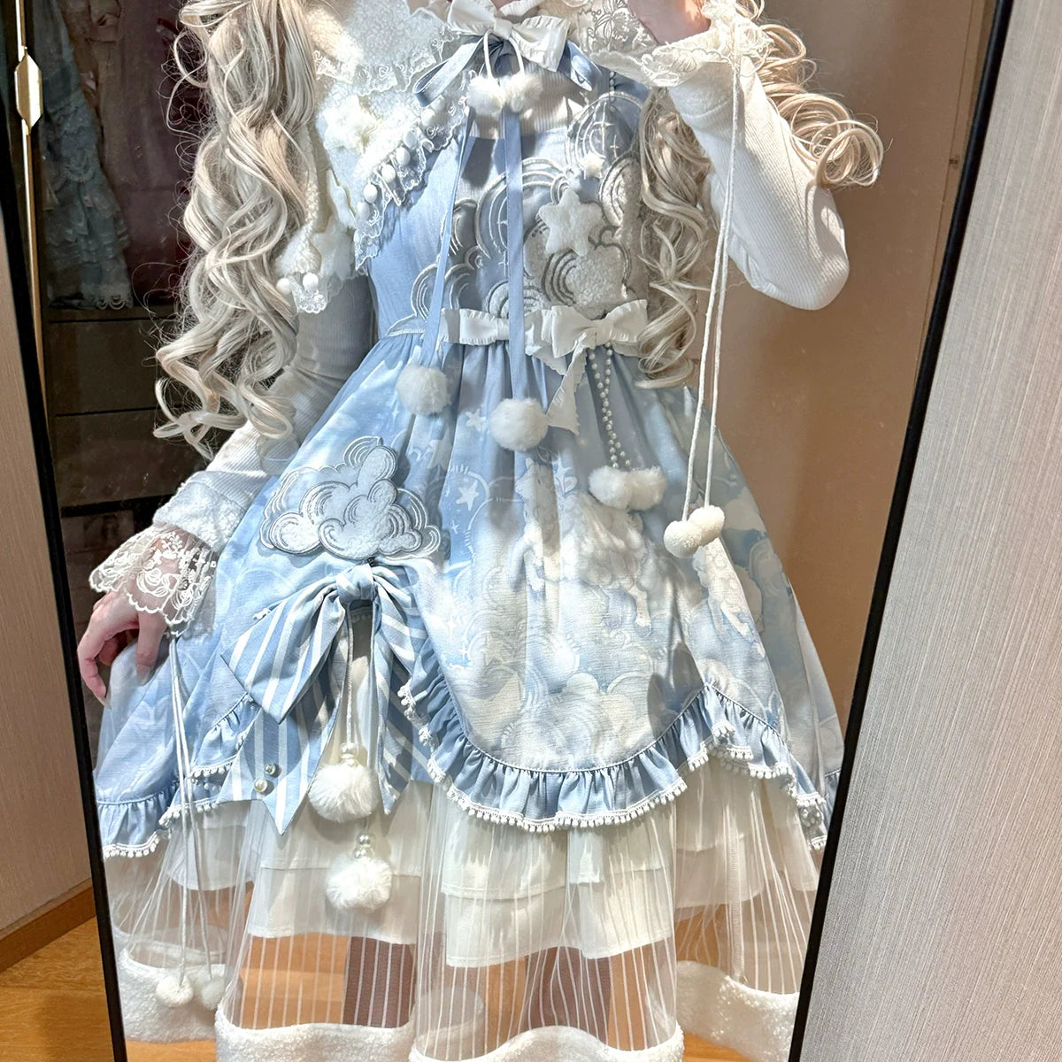 Lolita Dress with Fluffy Ears Headband - Sweet Pastel Blue and White Princess - Style Cosplay Costume