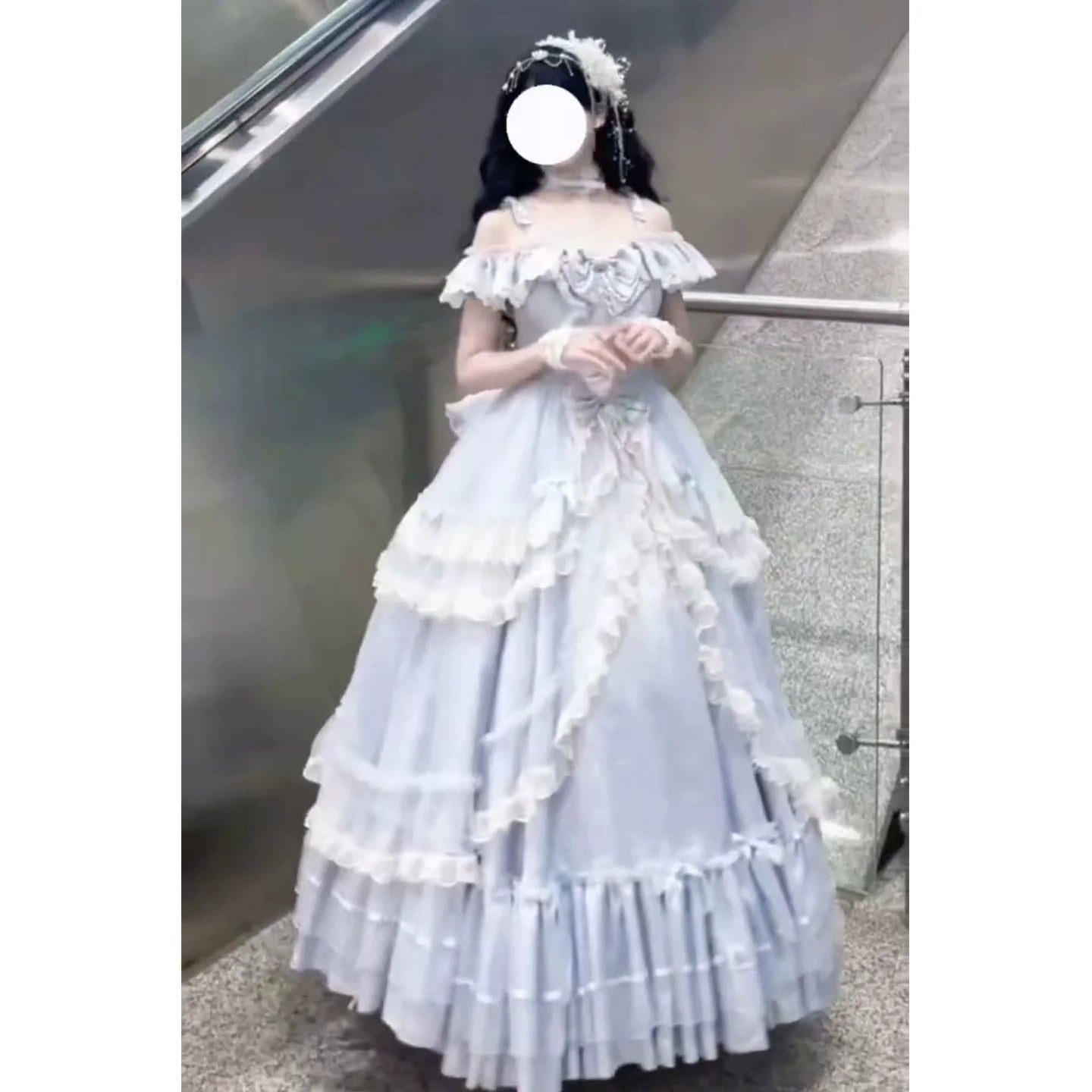 Elegant Light - Blue Off - the - Shoulder Lolita Dress: Ruffled and Bow - adorned