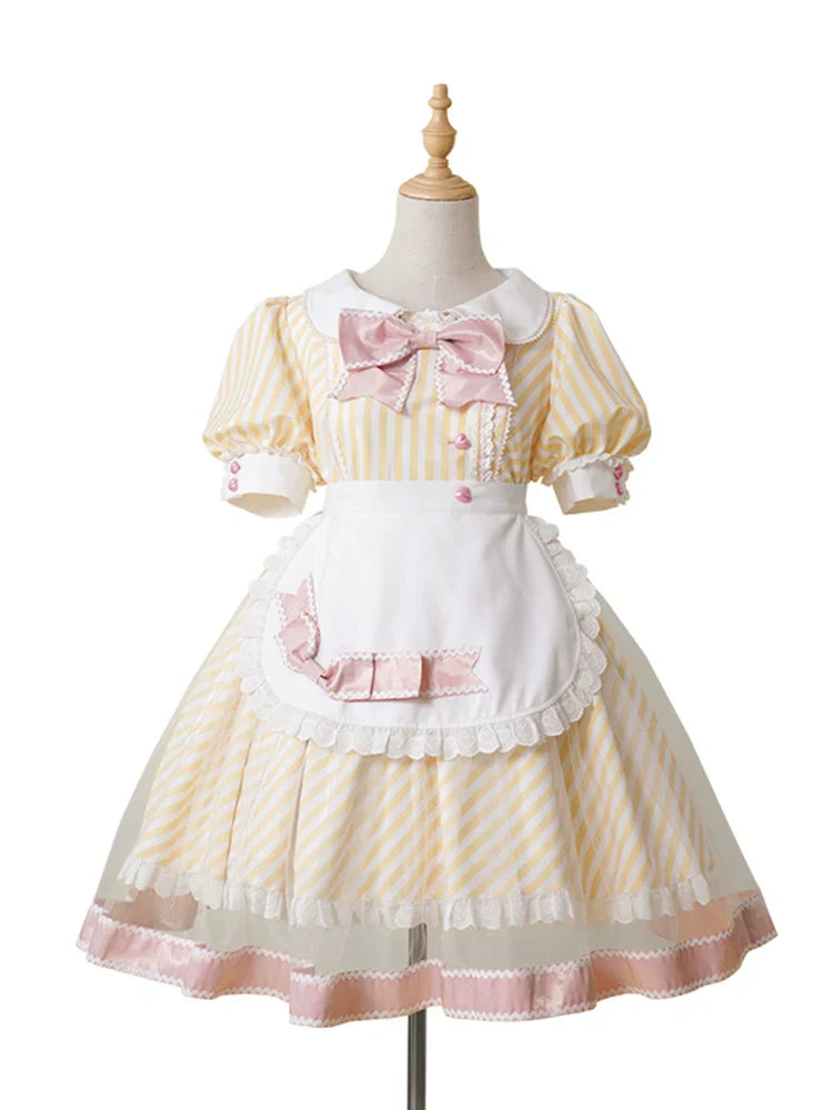 Lemonade Striped Puff-Sleeve Sweet Lolita Dress with Pink Bowknot & Lace Apron