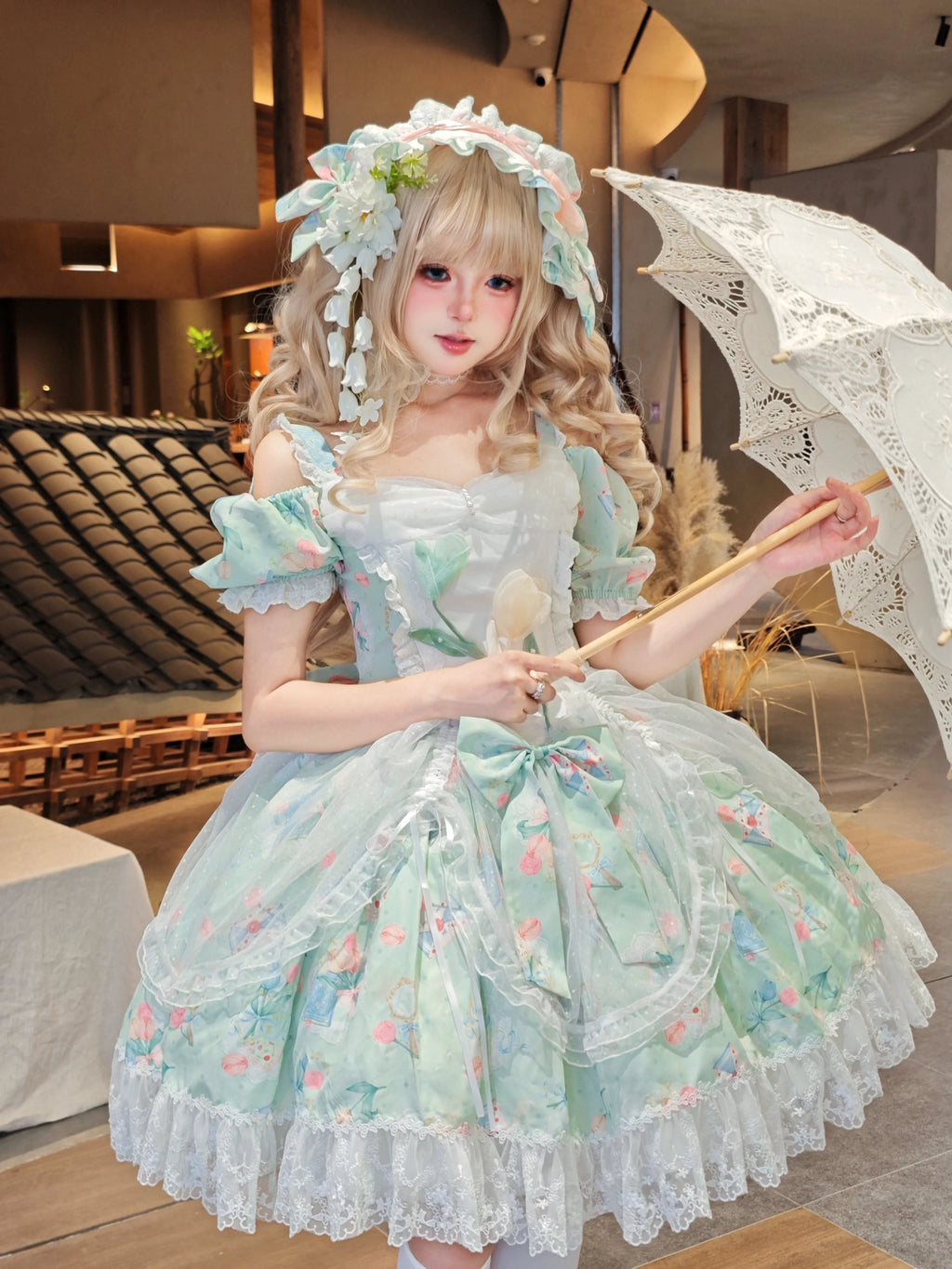 Vintage-Sweet Style Arrives! Mint-Green Print Lolita Dress with Lace Trim – Create a Retro-Sweet Girl Look