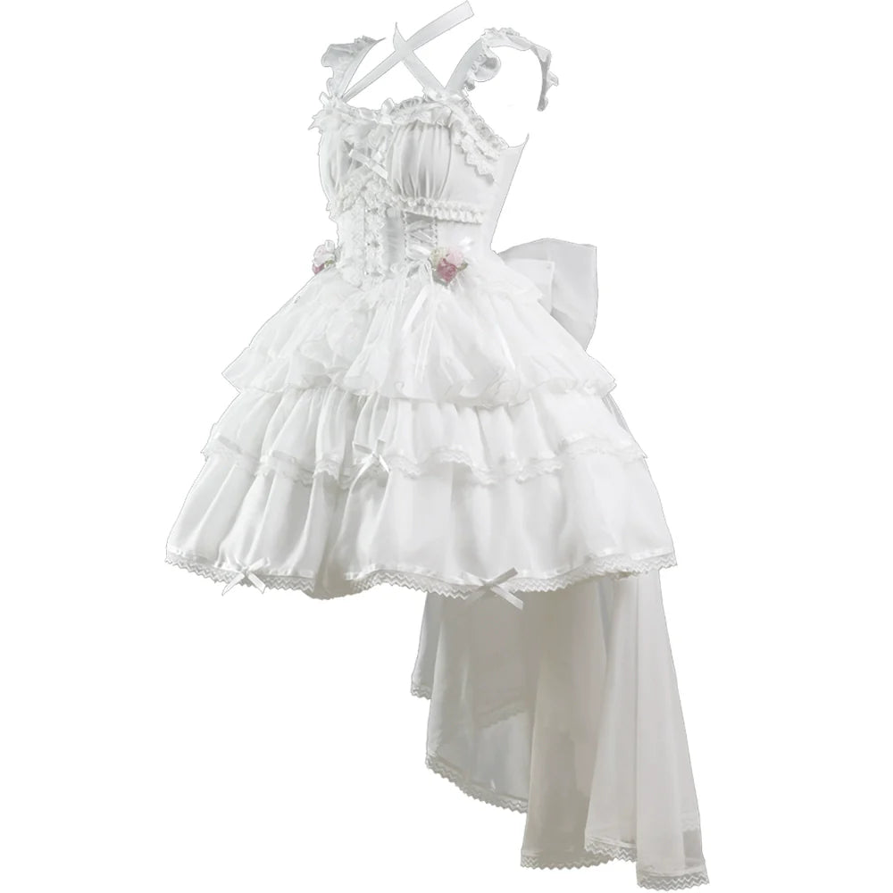 Elegant, lightweight wedding-style Lolita dress with a ballet-girl silhouette and ruffled details, inspired by cotton-candy motifs