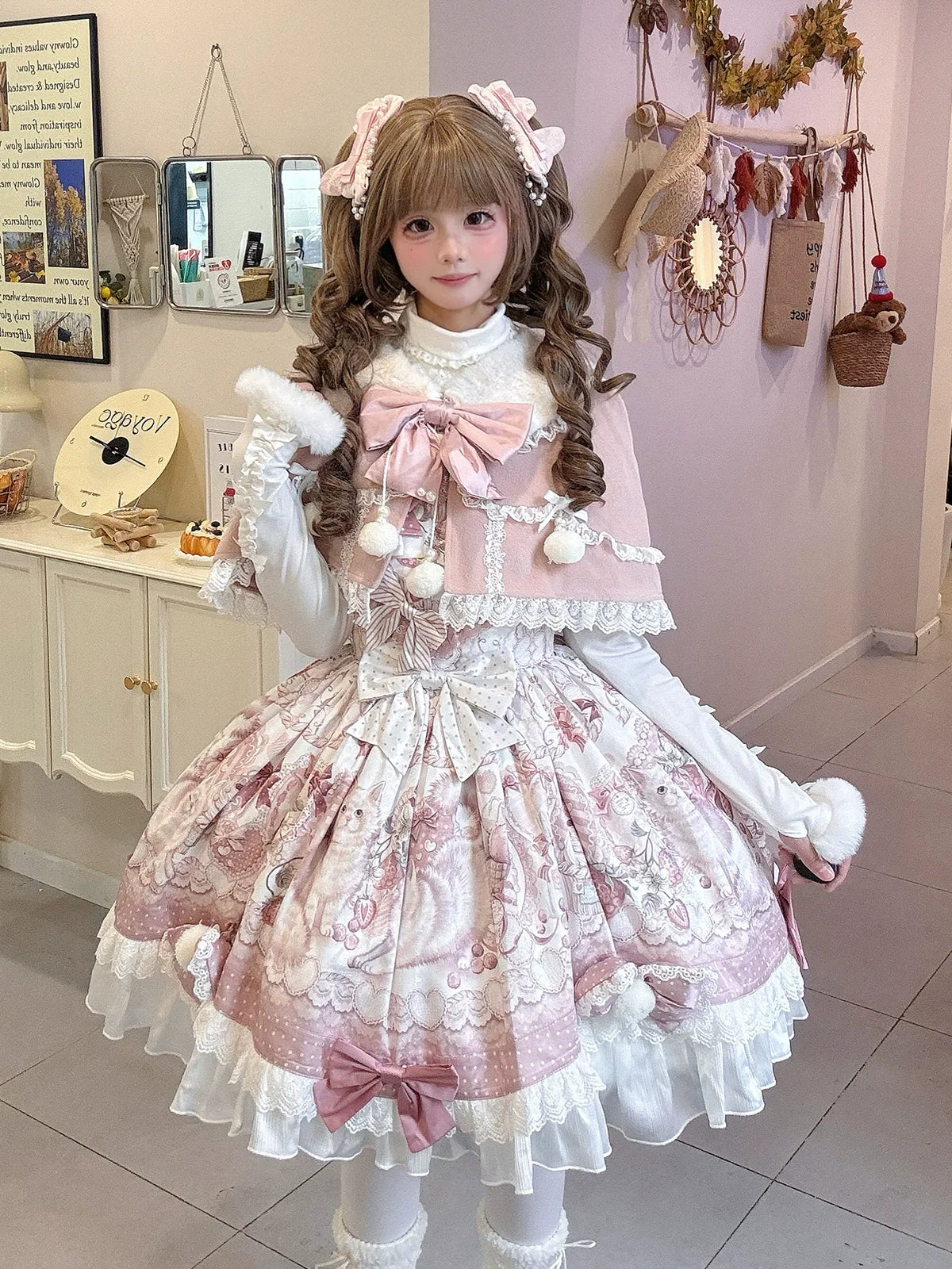 Lolita Capelette Dress Set with Bow - detail and Lace Trim, Pastel Pink and White Color Scheme