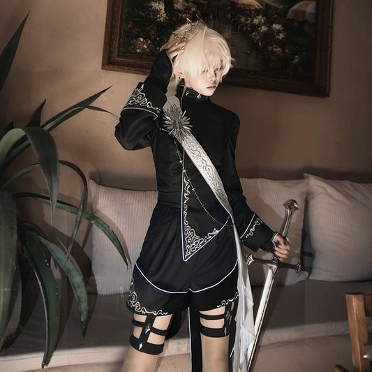 Vintage Dark Gothic Prince-style Suit with Suspenders and Shorts — Dashing and Handsome