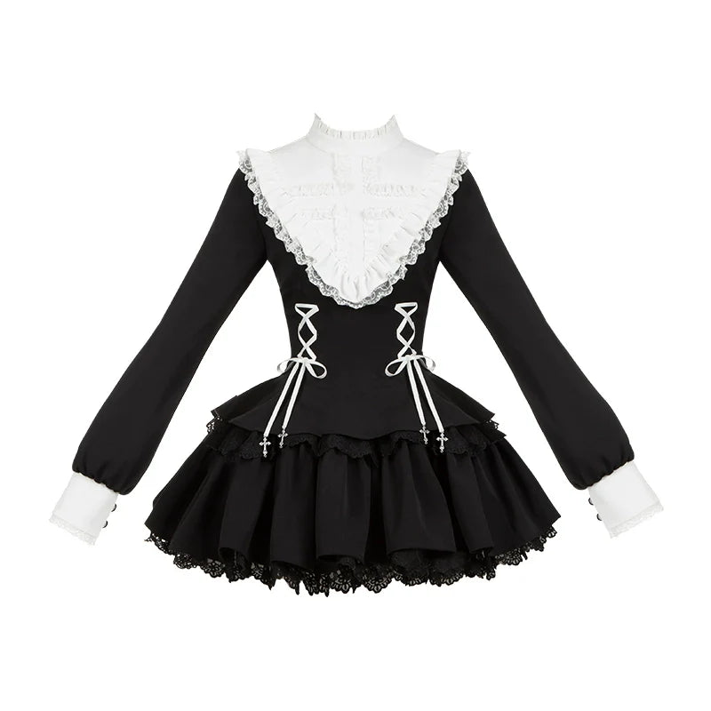 Gothic Lolita Dress with White Lace Collar, Long Sleeves and Lace - up Details