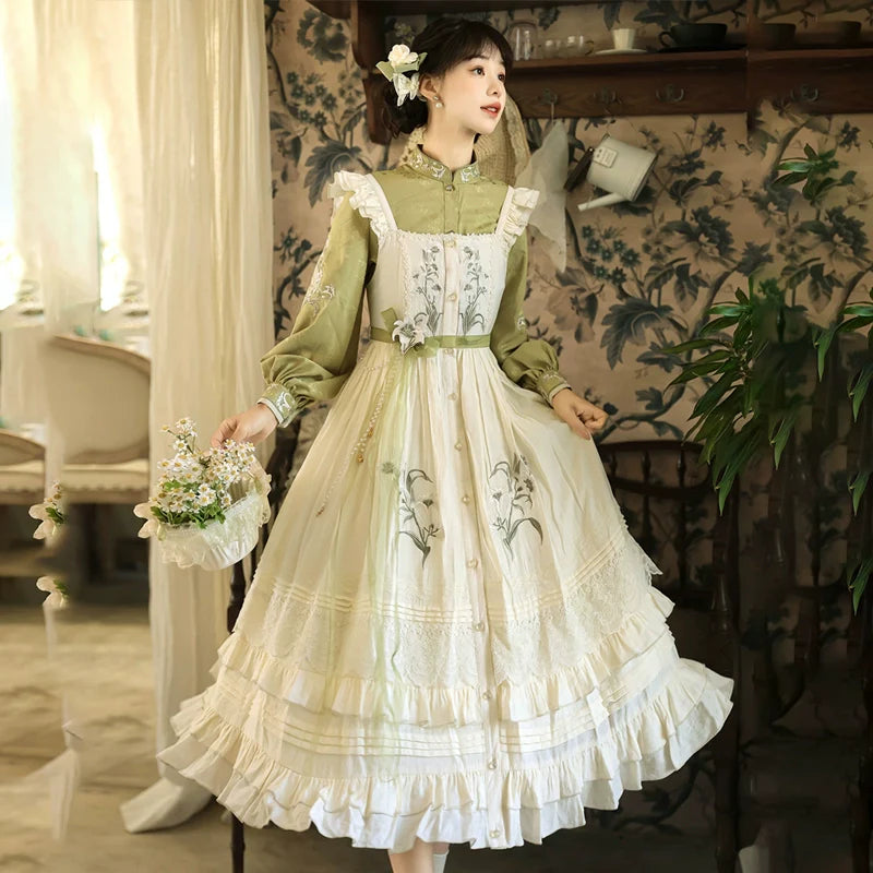 Vintage - style Green and White Layered Lolita Dress with Floral Embroidery