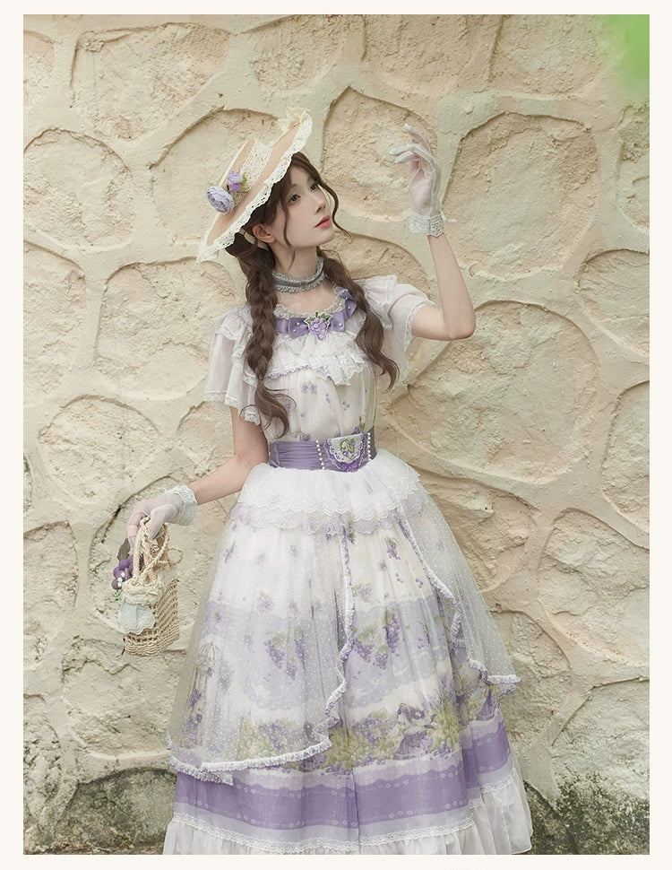 Lolita Dress - Delicate Purple - hued with Floral Patterns, Short - sleeved and Floor - length
