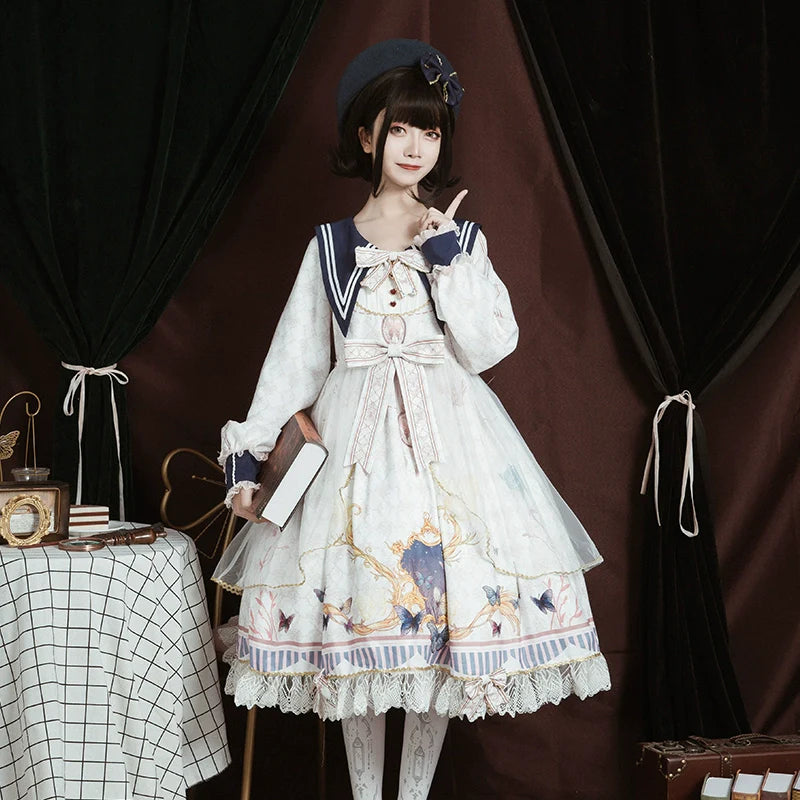 Lolita Tea Party Dress! Navy Collar Embroidered Bow Floral Jacquard Puffy Long Sleeve OP Dress