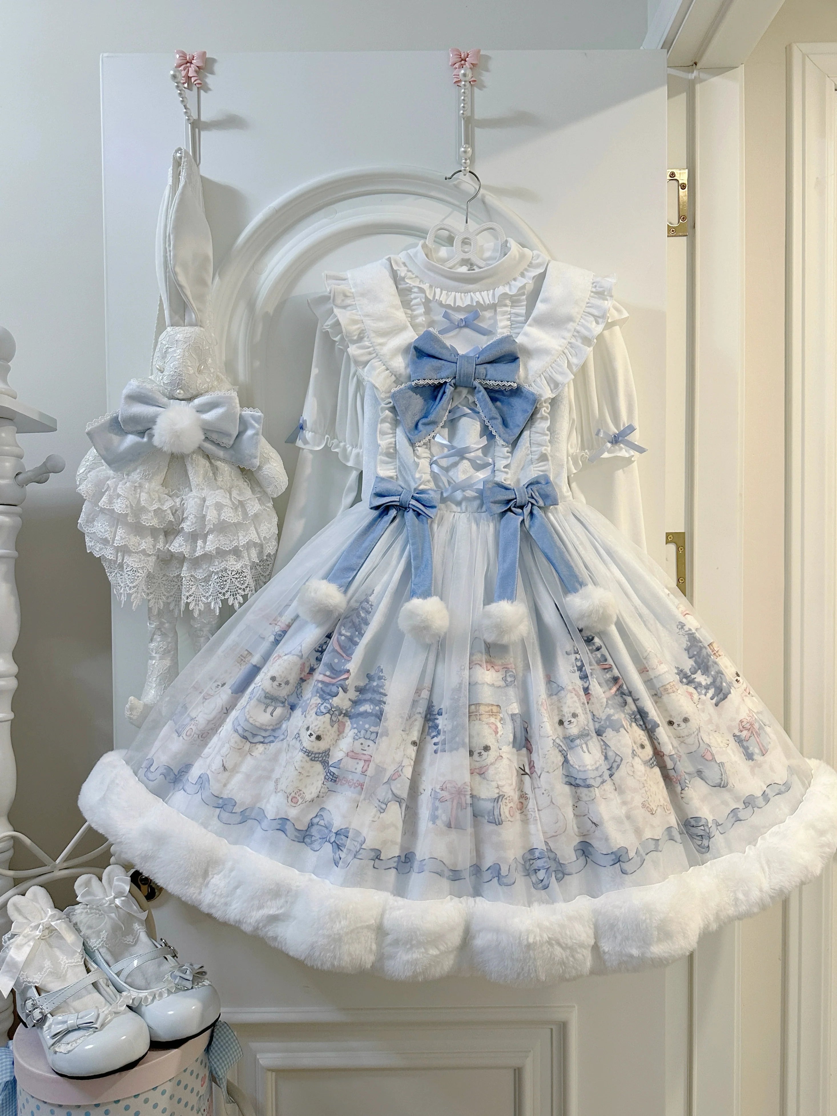 Lolita Dress with Adorable Bear Prints, Blue - toned Ribbons and Fluffy Trim, Comes with Matching Headpiece
