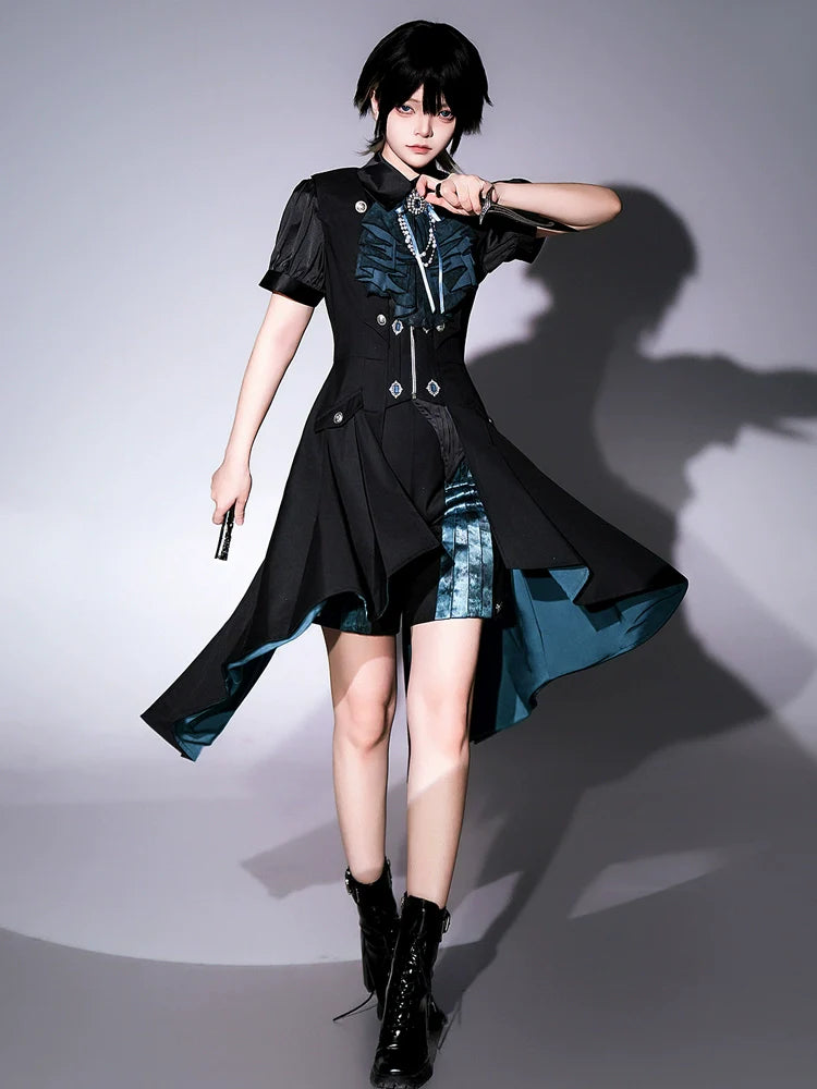 Gothic - Inspired Black and Teal Asymmetrical Long Coat with Puff Sleeves and Decorative Details
