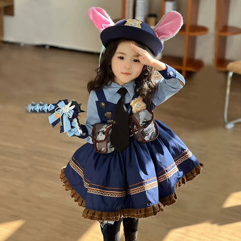 Rabbit Police Officer Lolita Dress for Girls - Navy Blue Whimsical Princess Costume