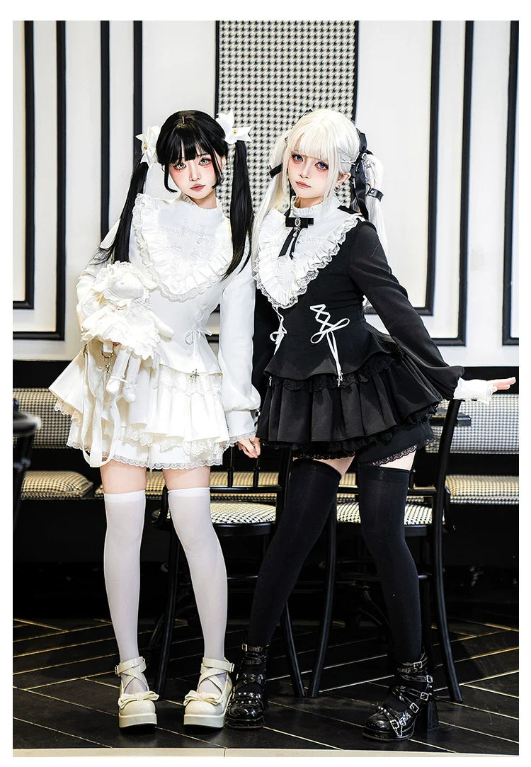 Gothic Lolita Dress with White Lace Collar, Long Sleeves and Lace - up Details