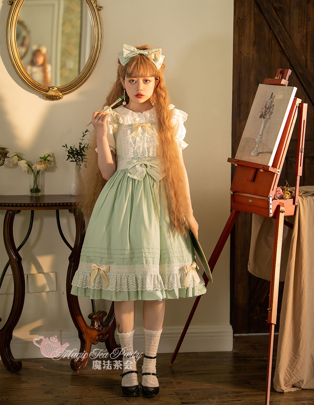 Elegant Multicolored Lolita Dress with Detachable Apron and Bow Details    OP & JSK