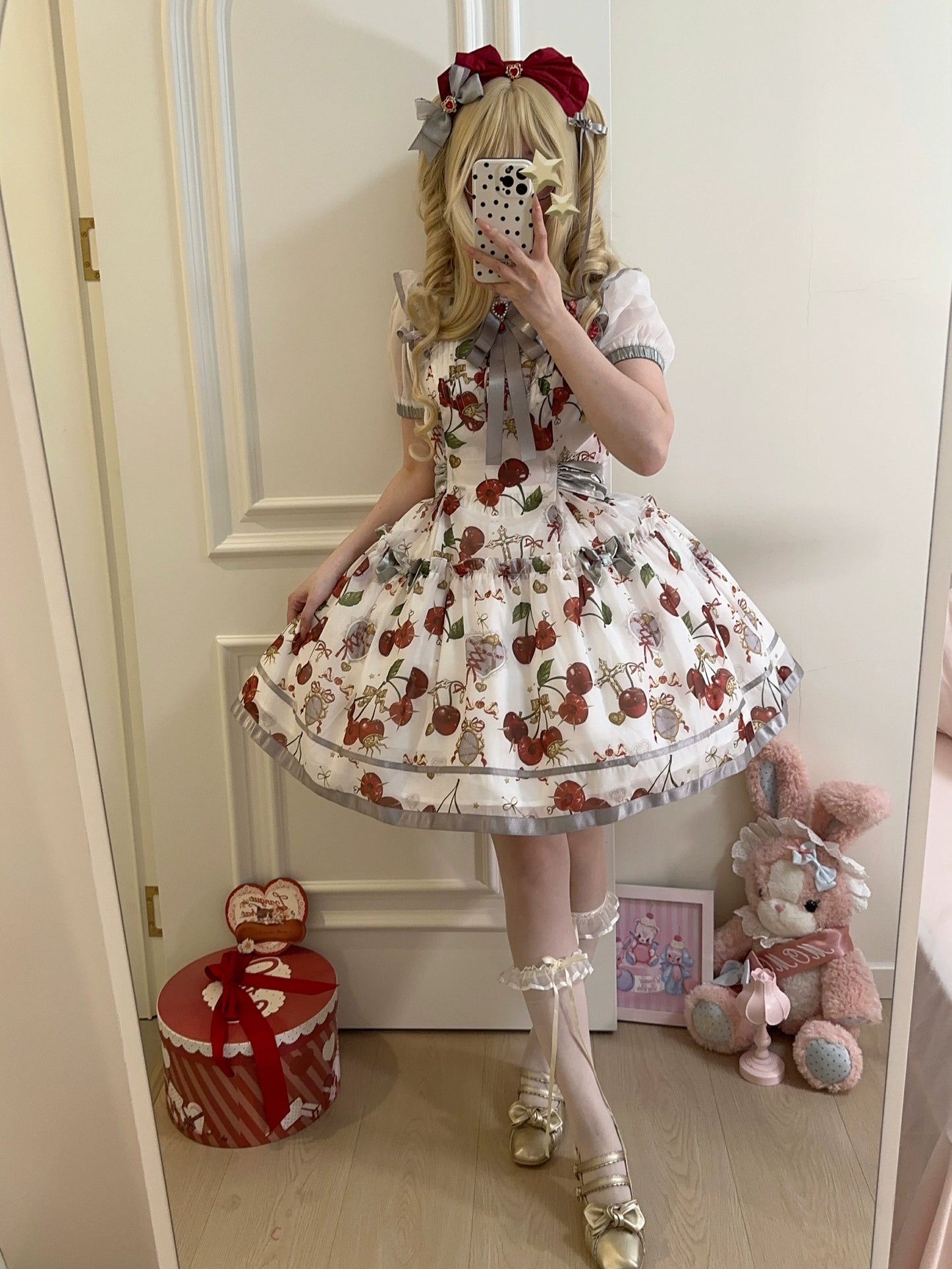 S-2XL Cherry Blossom Delight Lolita Dress – Sweet Vintage Print JSK/OP in Black, Red, Gray & White