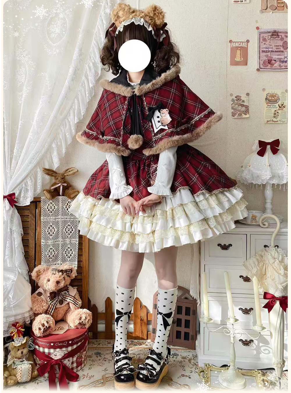 Chestnut Bear Cocoa Lolita Christmas Plaid Cloak JSK — Winter Vibe