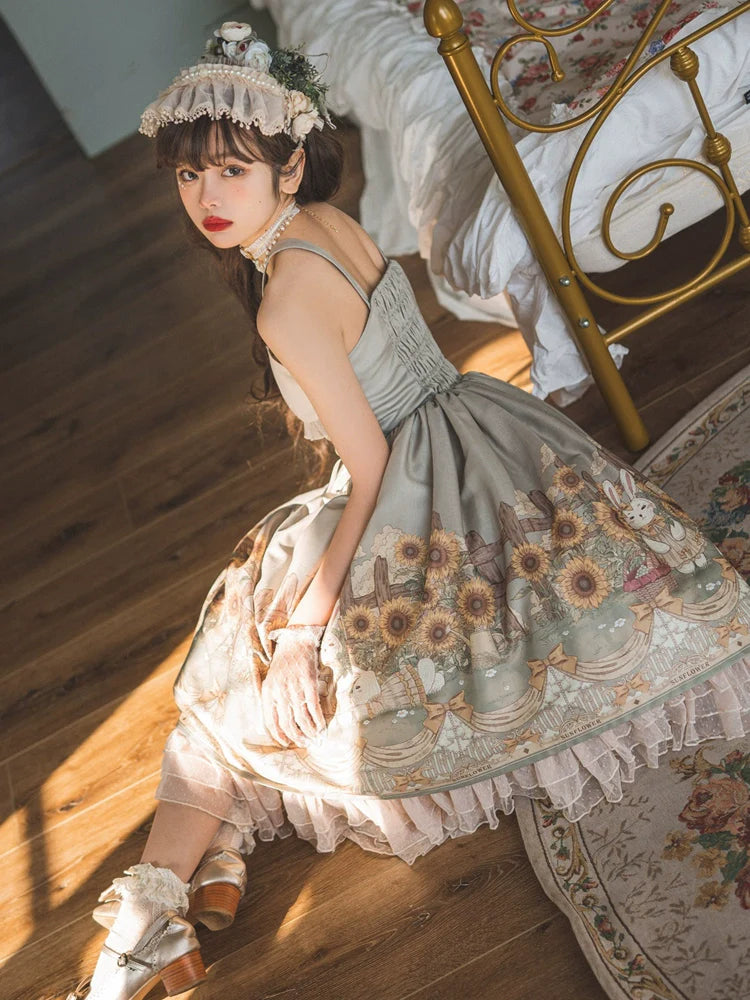 Vintage Floral Lolita Dress with Tulle Layers, Off - the - Shoulder Sleeves & Delicate Headpiece