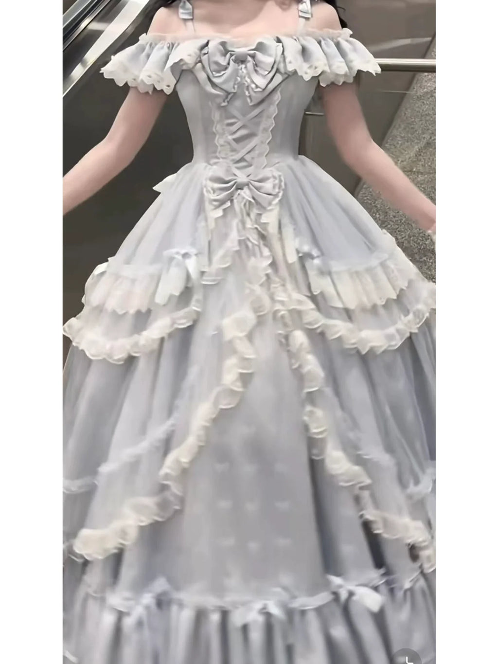 Elegant Light - Blue Off - the - Shoulder Lolita Dress: Ruffled and Bow - adorned