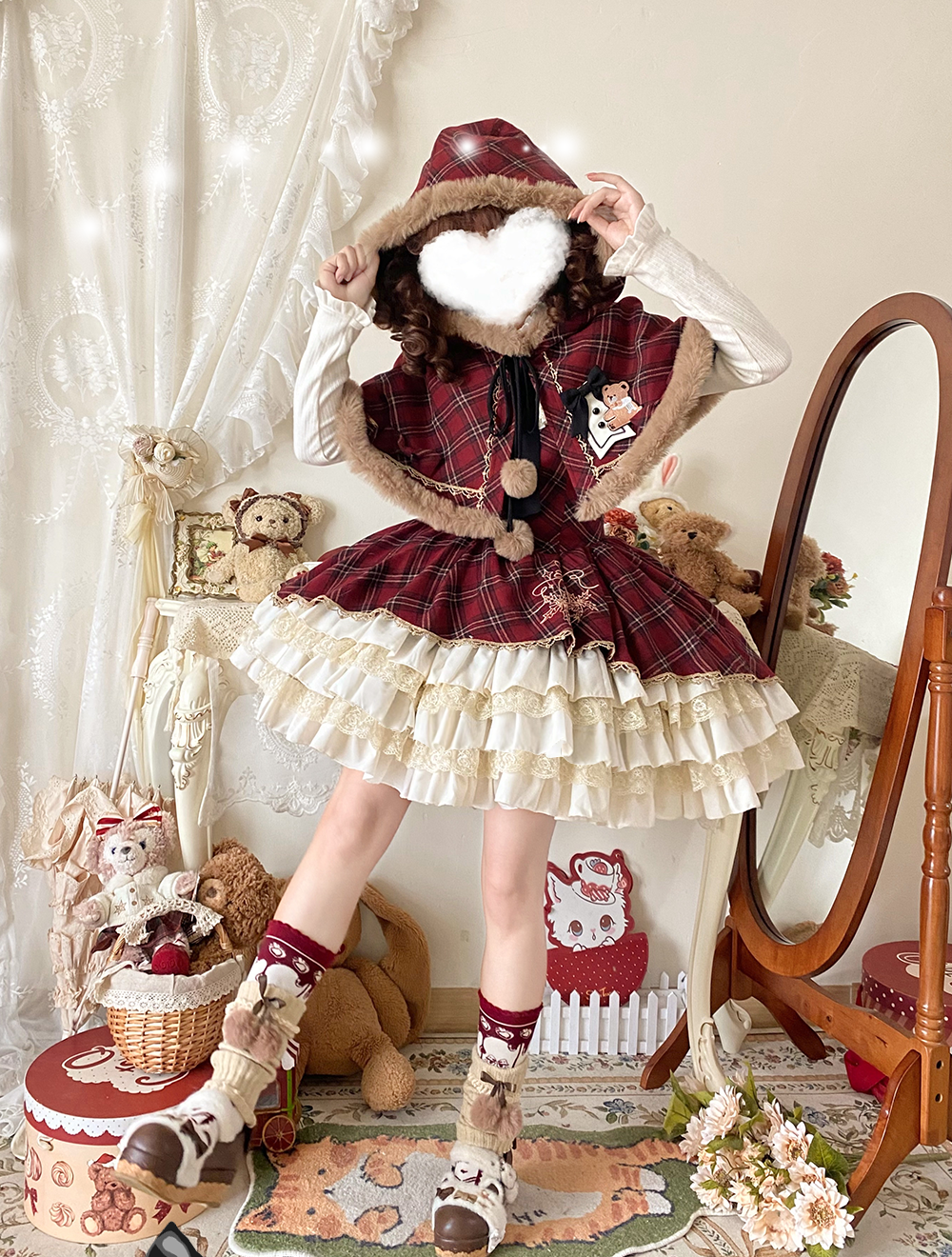Chestnut Bear Cocoa Lolita Christmas Plaid Cloak JSK — Winter Vibe
