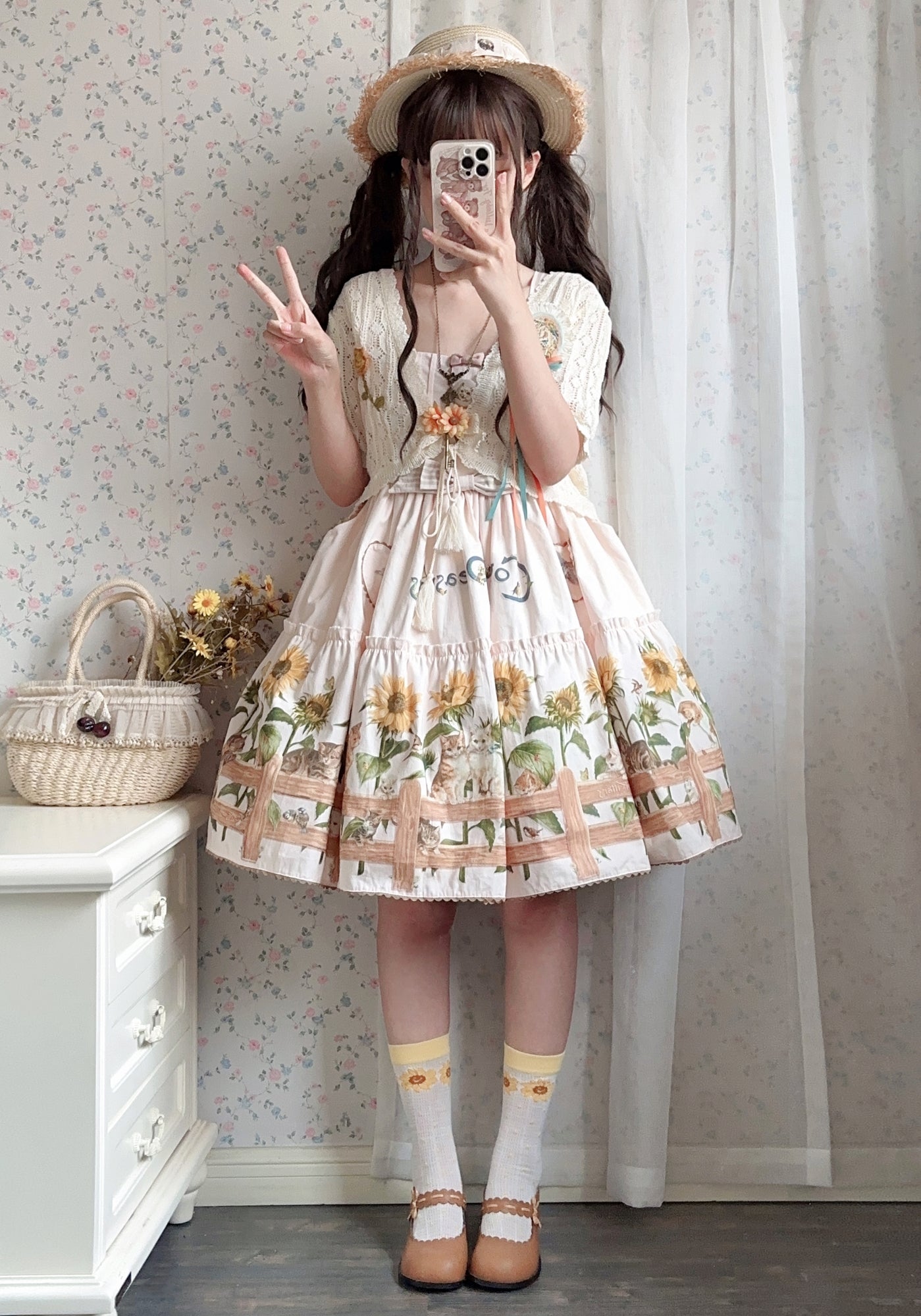 Sunflower Paradise: Cat and Sunflower JSK Lolita with a Big Skirt