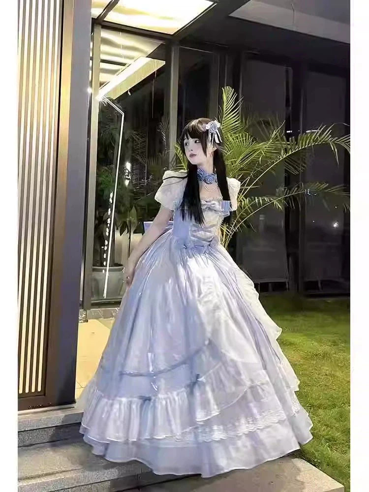 Blue Adult Formal Dress, Big Flower Bridal Lolita Dress, OP Lolita, Gorgeous Escaping Puffy Tailed Princess Dress