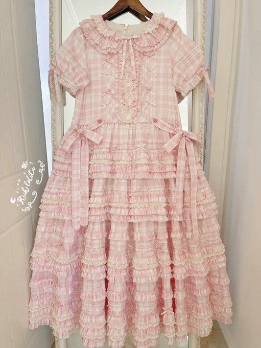 Pastel Pink Checkered Lolita Dress with Ruffled Skirt and Delicate Embellishments