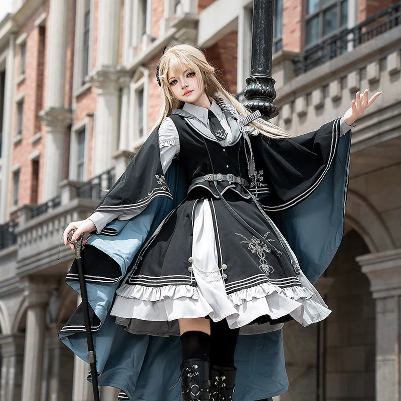Gothic Lolita Dress with Tailored Vest and Embroidered Design