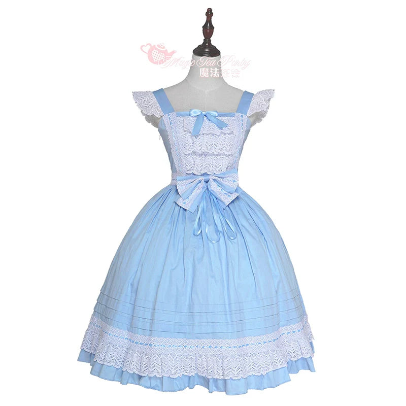 Elegant Multicolored Lolita Dress with Detachable Apron and Bow Details    OP & JSK