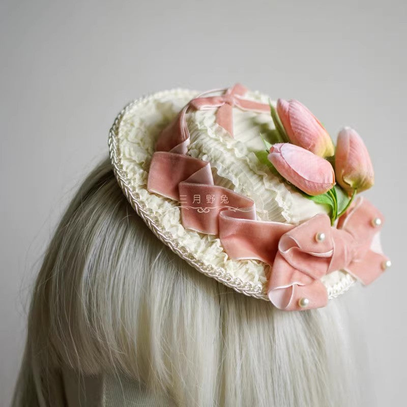 Elegant Pink and White Lace Lolita Dress with Puffed Sleeves and Ruffled Skirt