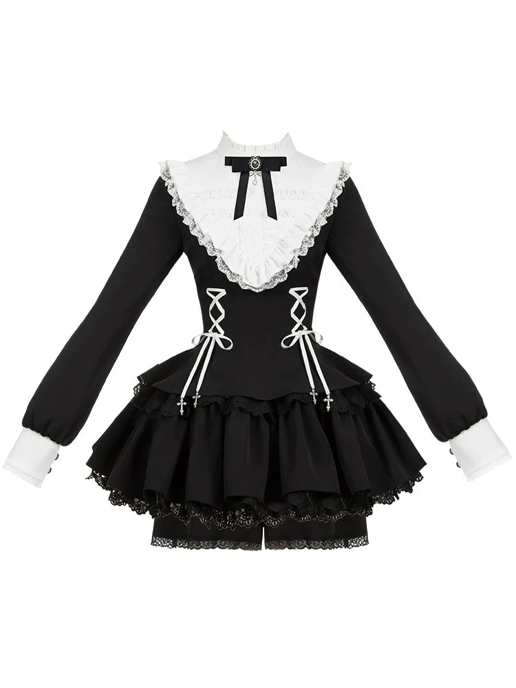 Gothic Lolita Dress with White Lace Collar, Long Sleeves and Lace - up Details