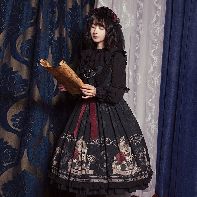 [Nightingale and Rose JSK] Original Design Lolita Dress with CLA Print Birdcage Pattern for Autumn and Winter