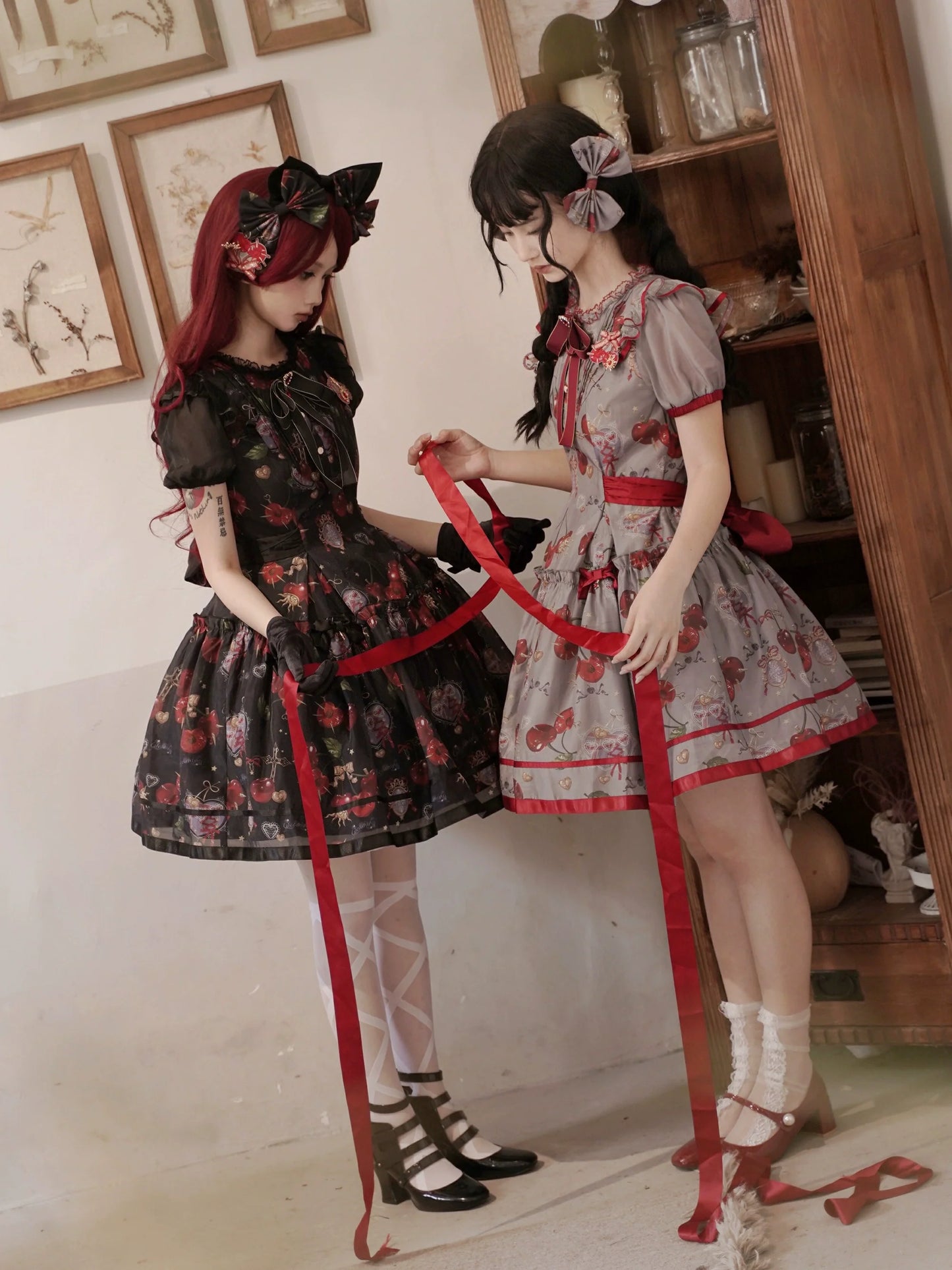 S-2XL Cherry Blossom Delight Lolita Dress – Sweet Vintage Print JSK/OP in Black, Red, Gray & White