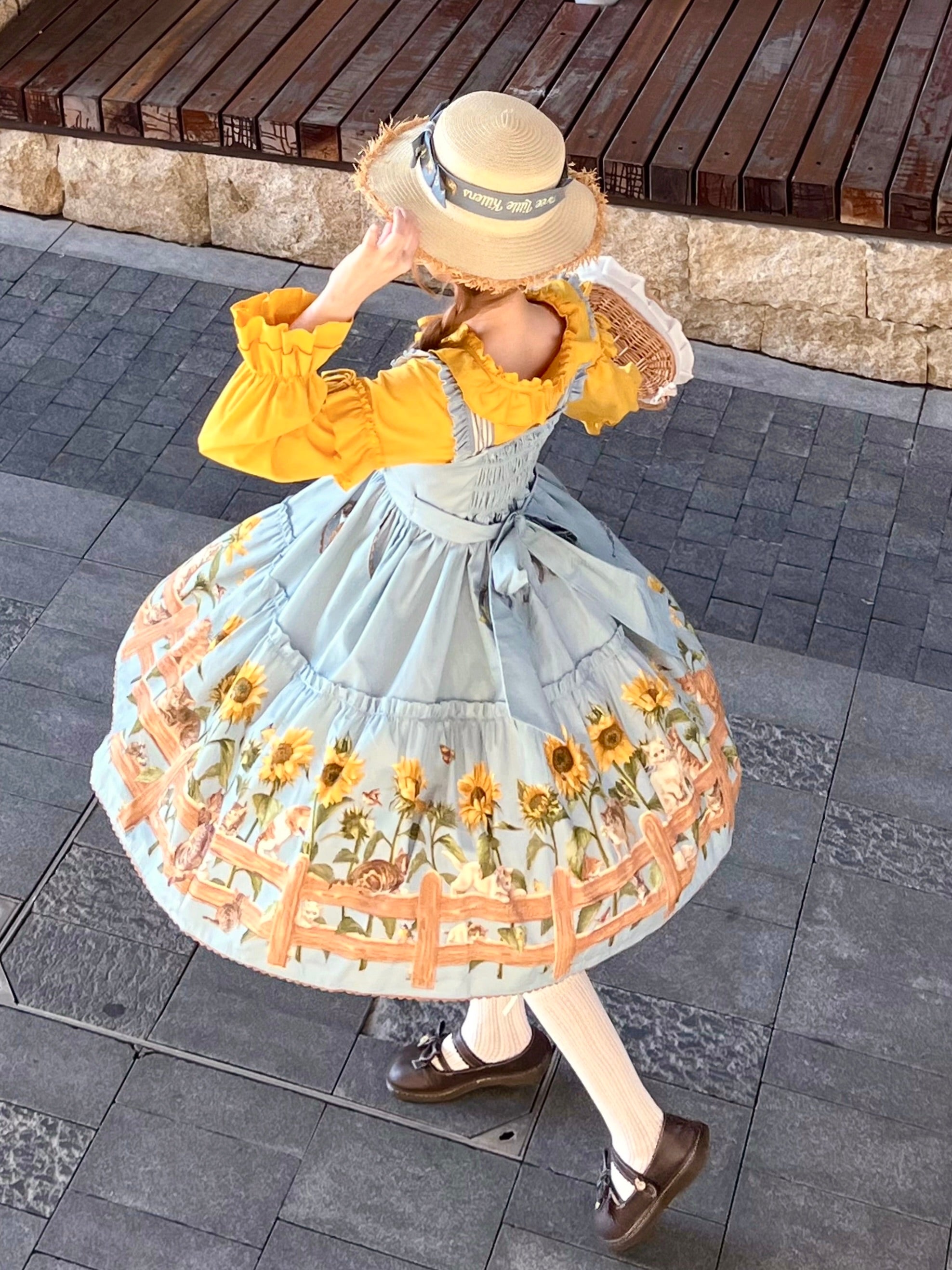 Sunflower Paradise: Cat and Sunflower JSK Lolita with a Big Skirt