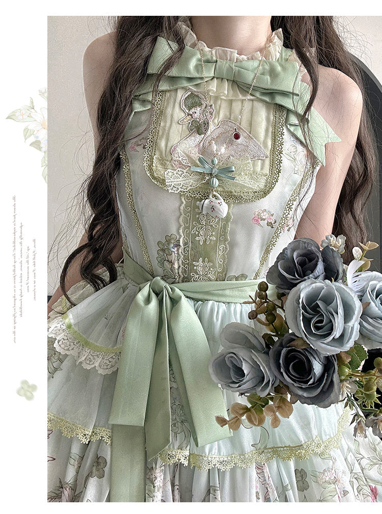 Elegant Vintage Floral Lolita JSK with Ruffled Details and Adjustable Waist Ties