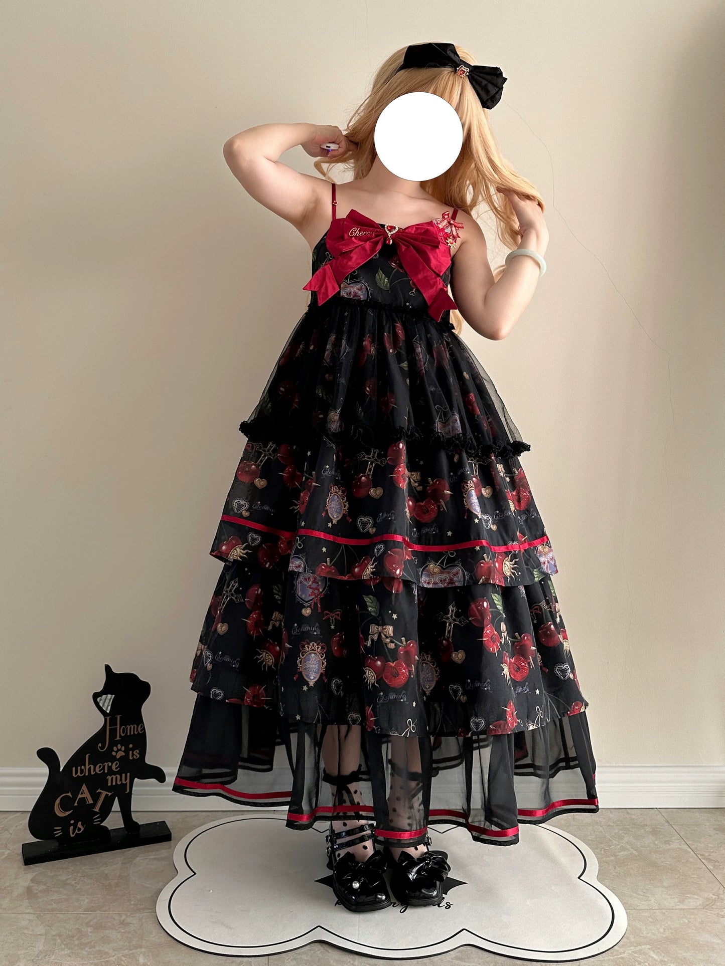 S-2XL Cherry Blossom Delight Lolita Dress – Sweet Vintage Print JSK/OP in Black, Red, Gray & White